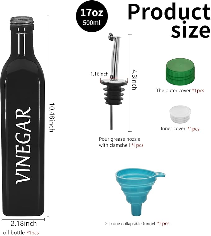 1 Pc 17oz Olive Dispenser Bottle,500ml Glass Oil and Vinegar Dispenser Set with 1 Stainless Steel Pourers,Funnel Bottles for Kitchen (Black Vinegar)