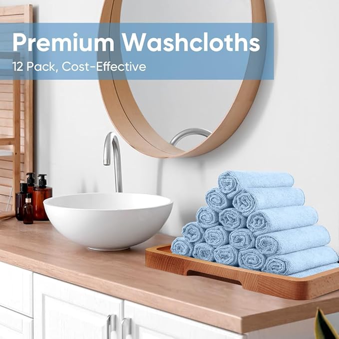 HOMEXCEL Microfiber Washcloths 12 Pack, Highly Absorbent and Soft Face Towel, Multi-Purpose Wash Cloths for Bathroom, Gym, Hotel, Spa and Kitchen, Multicolor 12x12 Inch, Blue
