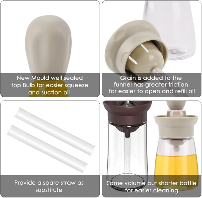 TINMIX Oil Dispenser with Brush - 2 Pack 2022 Glass Olive Oil Dispenser Bottle for Kitchen with Silicone Basting Brush BBQ Grilling Baking Cooking, T-OB22, Grey+White