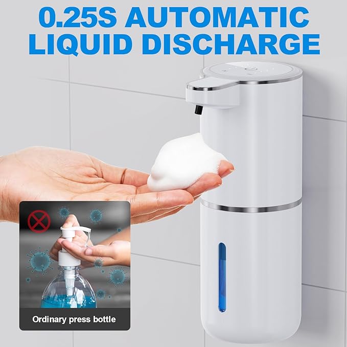 Automatic Foaming Soap Dispenser, 12.8oz/380ml Wall Mount Touchless Soap Dispenser with Sensor, 4-Level Adjustable, IPX5 Waterproof, USB Rechargeable for Bathroom, Kitchen