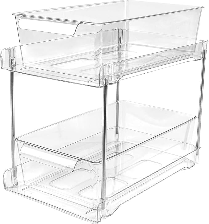 1Pack 2-Tier Bathroom Storage Organizer, Clear Under Sink Organizers Kitchen Vanity Counter Storage Container, Medicine Cabinet Drawers Bins, Pull-Out Organization with Track for Pantry