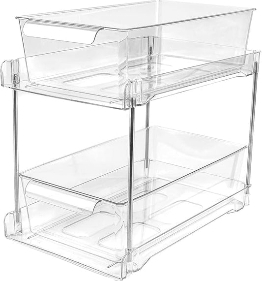 1Pack 2-Tier Bathroom Storage Organizer, Clear Under Sink Organizers Kitchen Vanity Counter Storage Container, Medicine Cabinet Drawers Bins, Pull-Out Organization with Track for Pantry