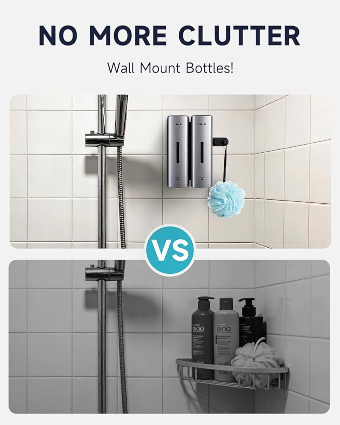 AIKE 2 Chambers Shower Shampoo and Conditioner Dispenser 2 x 11.8 fl.oz. for Bathroom(Silver)