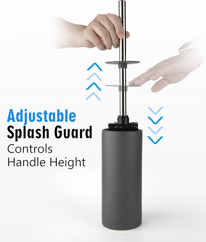 Matt Gray Ceramic Toilet Brush and Holder Set, Freestanding Toilet Bowl Cleaners Brush, Scrubber Brush for Toilet, Bathroom Accessories with Stainless Handle, Deep Cleaning