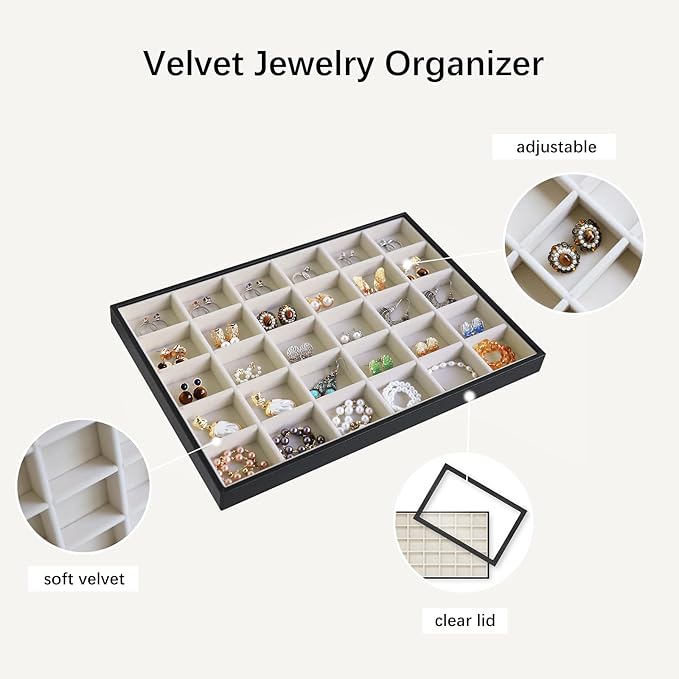 Wudygirl Jewelry Organizer 30 Grid Jewelry Tray with Lid Earring Holder Organizer for Women Ring Earring Bracelet Holder Storage (Pu Black Beige)