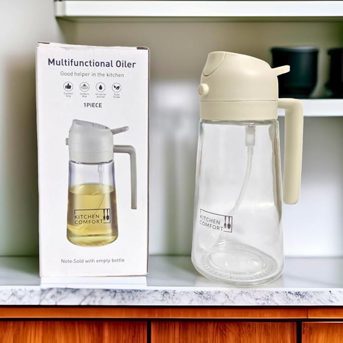 2 in 1 Oil Sprayer & Dispenser - 16oz/470ml Glass Bottle - Air Fryer, Frying, Baking, Olive Oil - Off White
