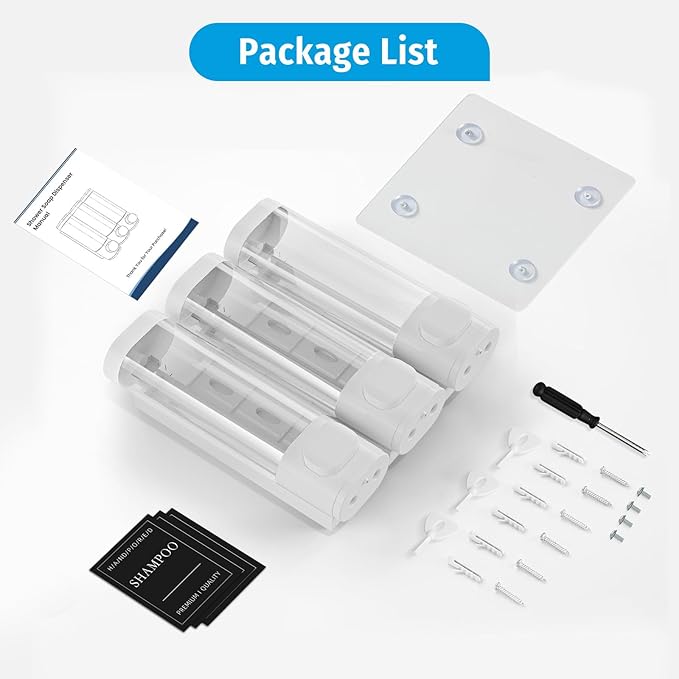 Shampoo and Conditioner Dispenser, Shower Shampoo Dispenser 3 Chamber No Drill, Shampoo and Conditioner Bottles for Bathroom Hotel Large Capacity(White)