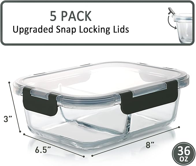 M MCIRCO [5-Pack,36 Oz] Glass Meal Prep Containers 2 Compartments Portion Control with Upgraded Snap Locking Lids Glass Food Storage Containers, Microwave, Oven, Freezer and Dishwasher (4.5 Cups)