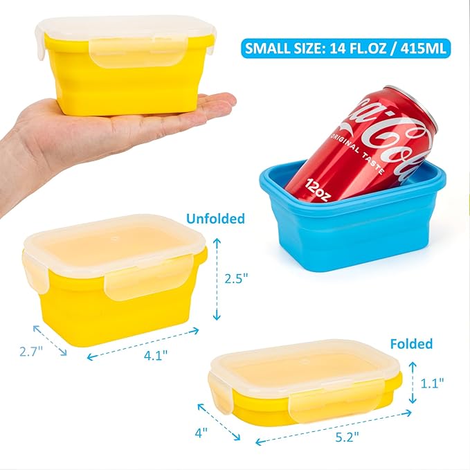 Reusable Silicone Snack Sontainers with Lids, 14oz, Small Collapsible Food Storage Containers for Meal Lunch Small Portion, Stackable