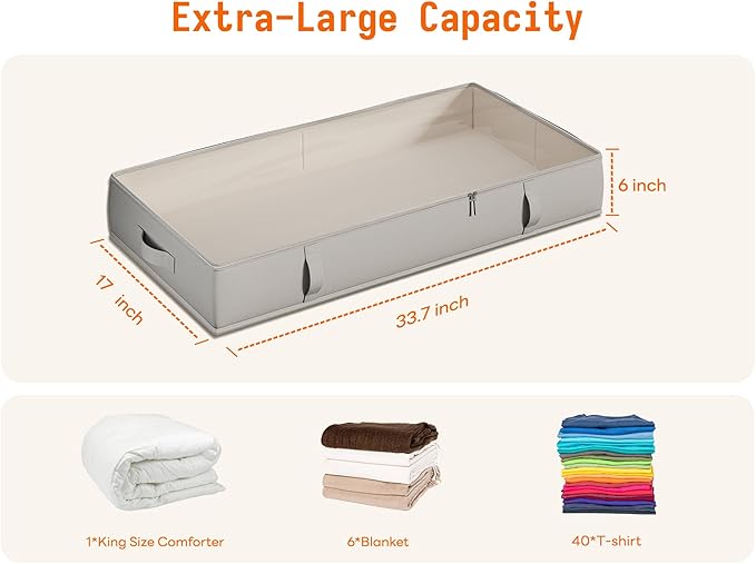 Vailando Storage Containers, 6 Inches Tall 60L Underbed Storage Bins with Sturdy Handles and Sidewalls, Closet Organizer for Clothes, Blankets, Seasonal Items, Gray, 2-Pack