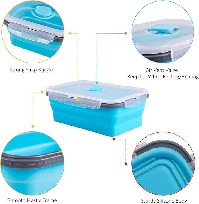 Collapsible Food Storage Containers with Airtight Lid, 40.5 oz, Large Kitchen Stacking Silicone Collapsible Meal Prep Container Set for Leftover