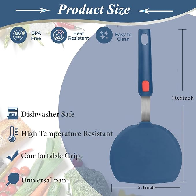 Tenta Kitchen Silicone Pancake Spatula Turner for Cooking and Baking- 600°F Heat Resistant Rubber Egg Spatulas (Blue Round Spatula)