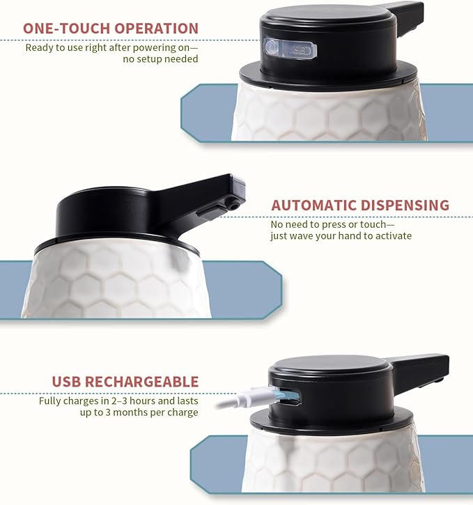 Automatic Soap Dispenser, Touchless Liquid Dish Soap Dispenser 13OZ/384ml, Ceramic White Dispenser Bathroom Kitchen, Waterproof, USB C Rechargeable, ANTIS'S HOME