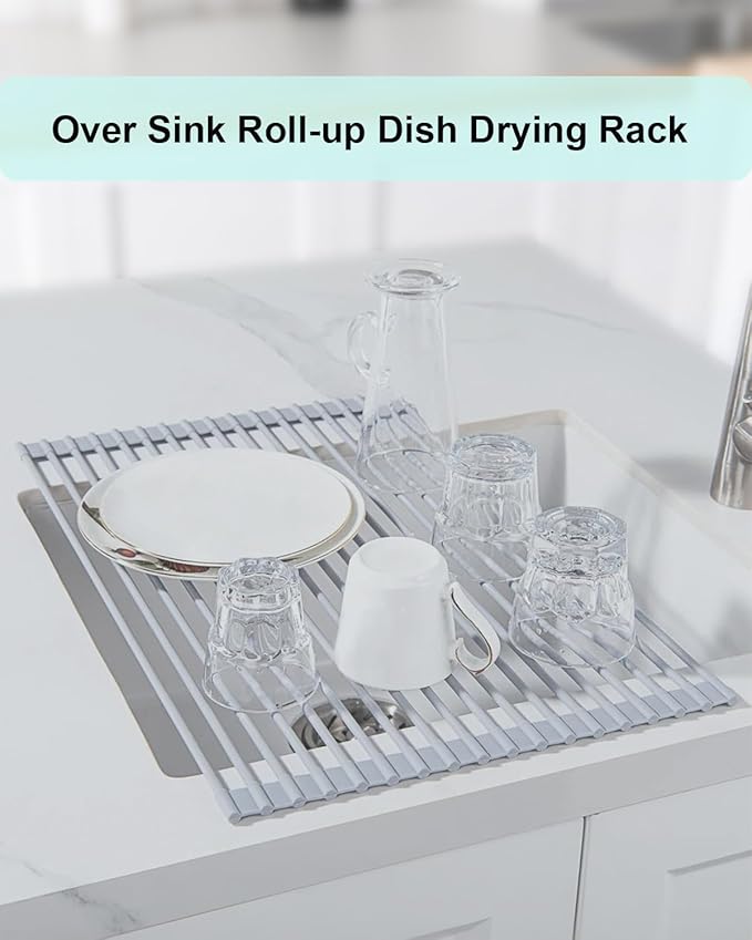 Roll Up Dish Drying Rack Over Sink, 20.47" x 12.99" Foldable Silicone Wrapped Stainless Steel Over The Sink Dish Drying Rack, Grey