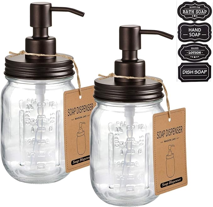 Amolliar Mason Jar Liquid Soap Dispensers, Rustproof Stainless Steel Mason Jar Lid Pump, Refill Hand Soap, Lotions, Dish Soap, Liquid Soap, Bath Soap, Farmhouse Decor for Bathroom, Kitchen 2PC(Bronze)