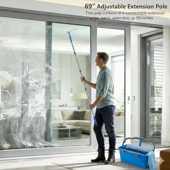 Window Cleaning Kit with 6ft Long Handle, 3 Gallon Bucket,14" Squeegee,15" Microfiber Scrubber,Spray Bottle, Cloth