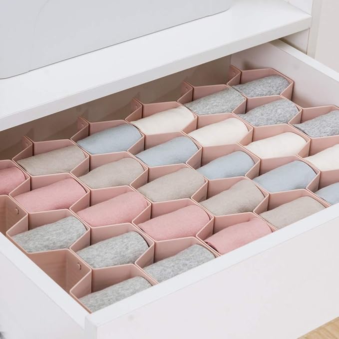 Poeland Drawer Divider Organizer Adjustable DIY Grid Honeycomb Drawer Divider for Underwear Belt Scarf Socks Pink