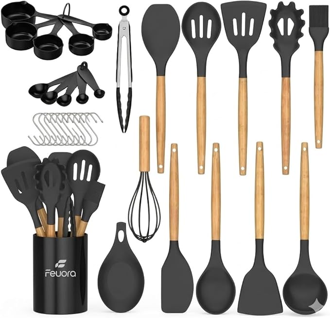 33PCS Silicone Kitchen Utensil Set, Heat Resistant Nonstick Cooking Utensils with Wooden Handles, BPA-Free Kitchen Tools Set (Black)