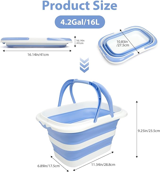 Collapsible Mop Bucket 4.2 Gallon(16L), Space-Saving Foldable Cleaning Bucket with Handle & Hanging Hole for Home, Swimming Pool, Camping, Car Wash & Outdoor(Blue White)