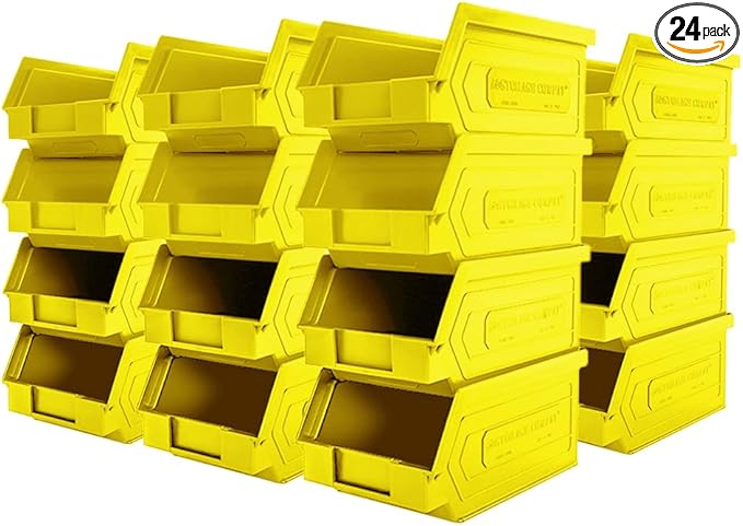 24 Pack Small Storage Bin, Wall Mount Storage, Hanging and Stacking Bin, Freestanding | 7” x 4” x 3” Plastic Container | Yellow | Zeus 1PLZ05