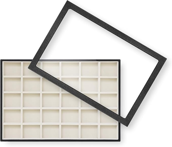 Wudygirl Jewelry Organizer 30 Grid Jewelry Tray with Lid Earring Holder Organizer for Women Ring Earring Bracelet Holder Storage (Pu Black Beige)