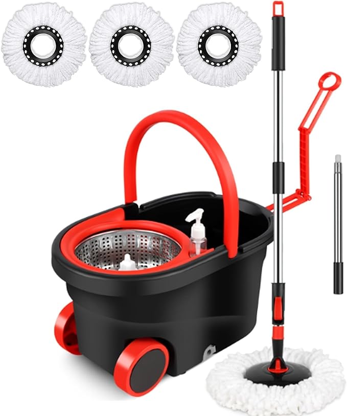 360° Spin Mop and Bucket System with Wringer - 61" Stainless Steel Handle & 3 Microfiber Refills, Self-Cleaning Floor Mop for Tile, Hardwood, Laminate Floors