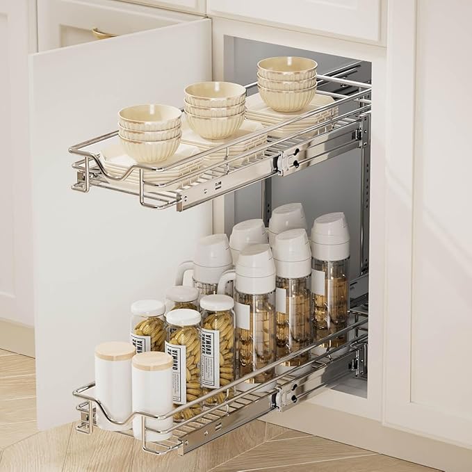 OCG 2 Tier Pull Out Cabinet Organizer (7.5" W x 21.5" D), Pull Out Drawers for Kitchen Cabinets, Pull Out Shelves for Base Cabinet Organization in Kitchen Bathroom Pantry, Chrome Finish