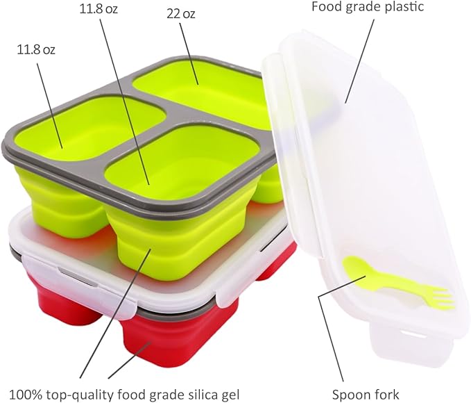 2 Pack Big Size Collapsible Silicone Bento Lunch Boxes With Lids Spoons Forks,3 Compartments, Divided Lunch Food Storage Containers, Safe in Microwave