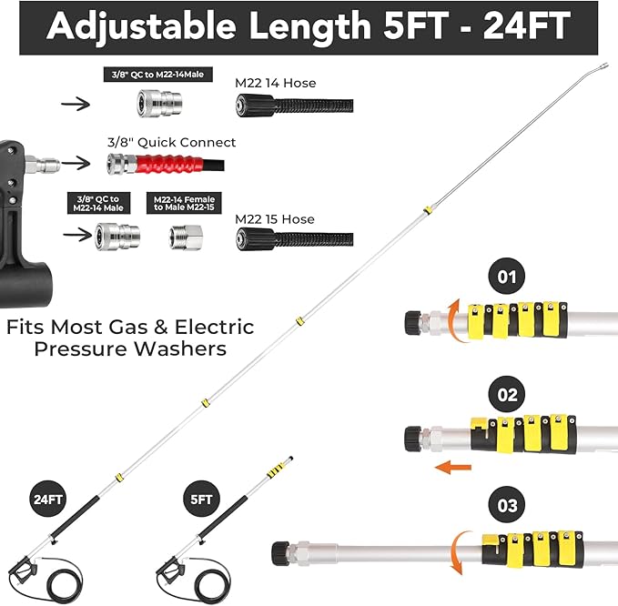 24 FT Telescoping Pressure Washer Wand with 4 Dusters for House Cleaning, 4500PSI Gutter Cleaning Tools with 3 Pcs Curve Wands & Adjustable Support Belt & 7 Pcs Nozzles