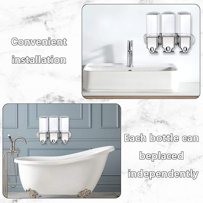 No-Drill 3 Pack 500ml Wall Mounted soap Dispenser for Bathroom and Kitchen, Shampoo and Conditioner Dispenser Drill Free with Adhesive (Clear-3)