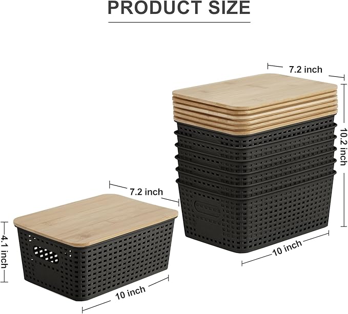 Bagnizer Small Plastic Storage Bins with Bamboo Lids 5.2qt Stackable Box Basket Pantry Decorative Containers Cute with Labels for Organizing Desktop