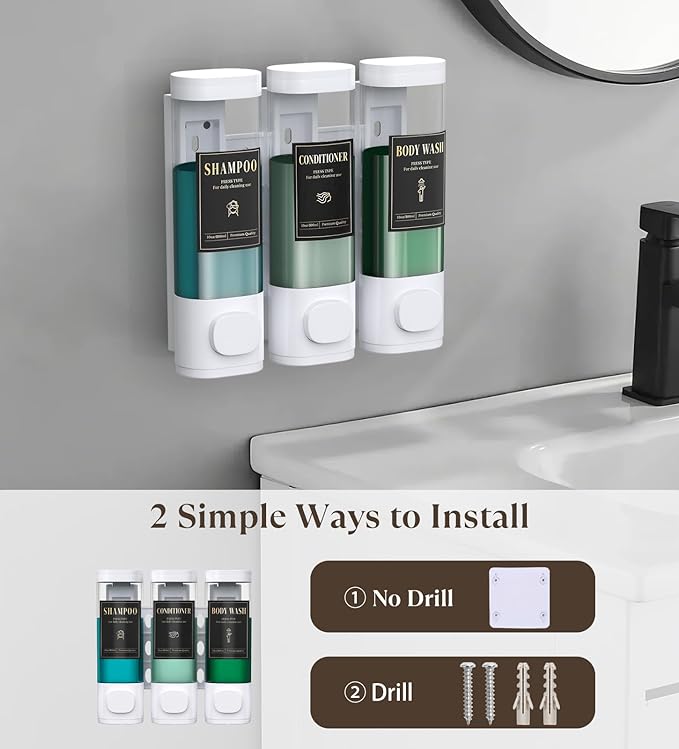 Luxspire Shampoo and Conditioner Dispenser, No Drill Wall Mounted Shower Soap Dispenser 3 Chamber with Waterproof Labels, Easy Refill Soap Dispenser for Bathroom Hotel Kitchen, White