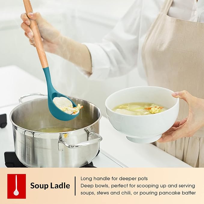 Kitchen Utensils Set of 6, E-far Silicone Cooking Utensils with Wooden Handle, Non-stick Cookware Friendly, Includes Spatula/Ladle/Slotted Turner/Serving Spoon/Spaghetti Server(Teal Blue)