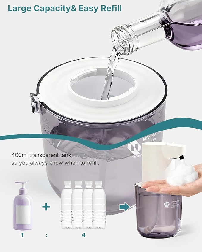 Automatic Foaming Soap Dispenser, 4-Level Touchless Hand Soap Dispenser, USB-C Rechargeable, Wall Mount or Countertop, 13.5oz/400ml, for Bathroom, Kitchen, Office, Hotel, White