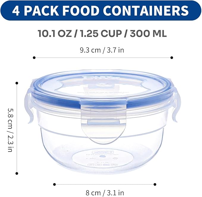 KIGI Small Plastic Bowls with Lid, Leak Proof Round Food Storage Container Set for Meal Prep, Lunch & Soup, 4 Sided Locking Lid, Airtight