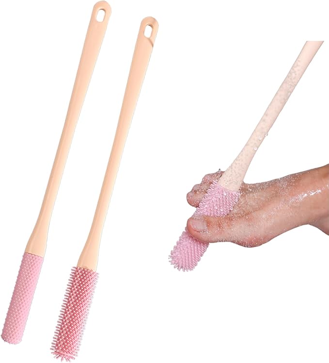 Toe Cleaning Brush with 15.7" Long Handle,Shower Foot Scrubber,No Bending, Ideal for Seniors, Expecting Mothers, Men & Women | Foot Scrubber & Anti-Itch Exfoliating Brush (2 Pack) (Pink)
