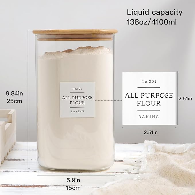 HHMJSM Large glass flour and sugar containers with 132 Kitchen Pantry Labels - 138 FL OZ Glass Food Storage Containers with Airtight Lids