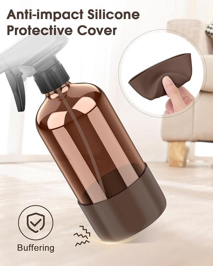 Bontip Glass Spray Bottle with Silicone Sleeve Protection, Amber Glass Spray Bottle Set for Window Cleaner Aromatherapy Facial Hydration Watering Flowers Hair Care 2 Pack/16 oz (Brown & Grey, 16 oz)