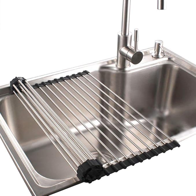 Roll up Dish Drying Rack RV Folding Over Sink 304 Stainless Steel in Kitchen Dish Drainer Heat Resistant Mat Multipurpose Portable Dish Trainer,Black,17x12inches
