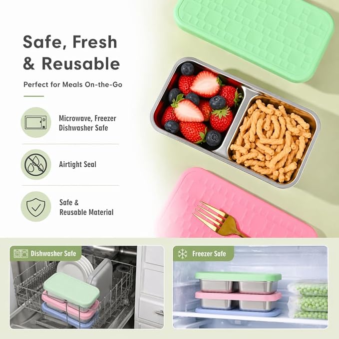 4 Pack Stainless Steel Snack Containers, Leak-Proof 2 Compartment Lunch Boxes with Silicone Lids, Reusable Metal Snack Box for Meal Prep, Travel, Outdoor & Daily Use (1 Compartment – B)