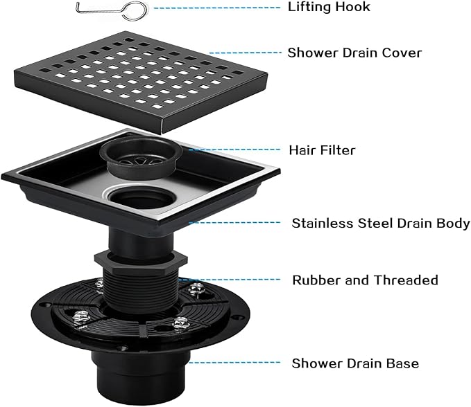 Square Shower Drain, Black Shower Drain 6 inch with Flange and Removeable Grate Cover