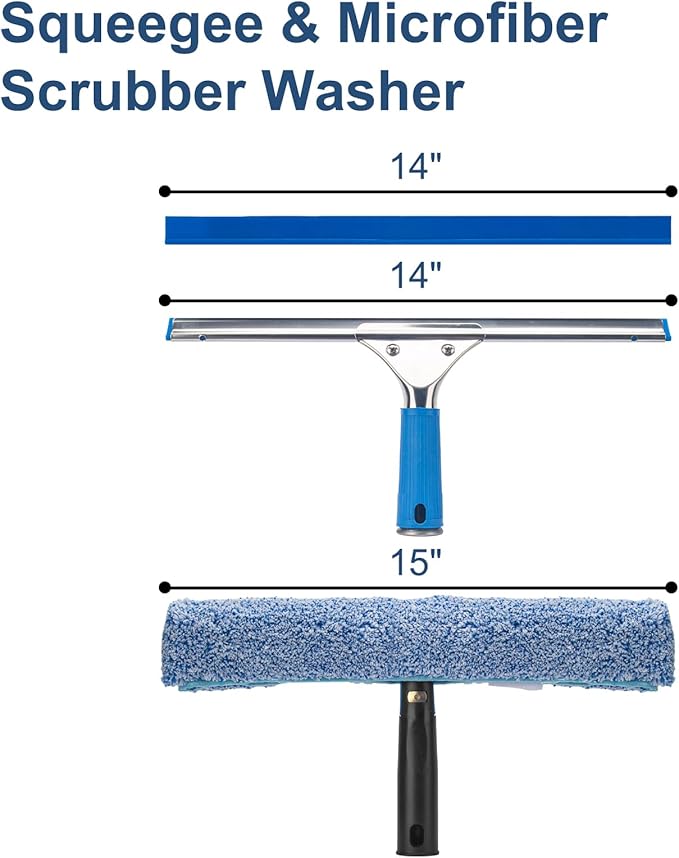 Professional Window Cleaning Kit, 14" Rubber Squeegee with 15" Microfiber Scrubber, Window Cleaning Tool for Home
