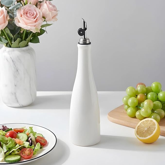 YOLIFE Olive Oil Dispenser Bottle, 20oz Ceramic Oil Dispenser for Kitchen, Oil Bottle with Gravity Spout, Leak Proof EVOO Dispensing Bottle with 2 Spouts and 1 Funnel for Vinegar, Juice(White)