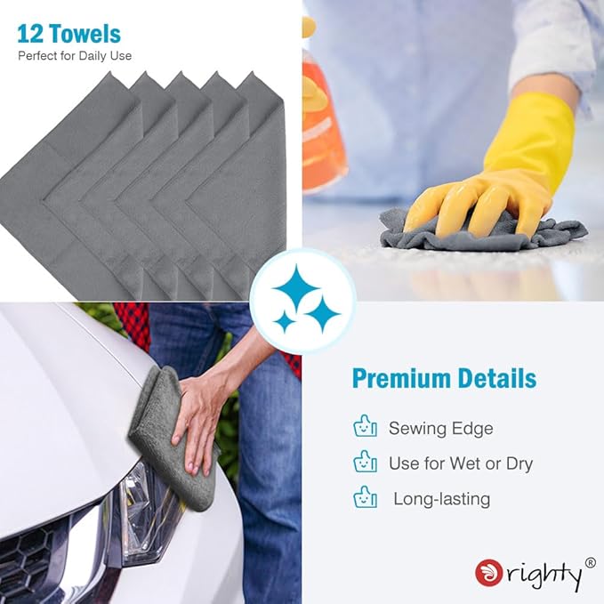 Orighty Microfiber Cleaning Cloth, 12 Pack Microfiber Towels for Cars, Highly Absorbent Car Cleaning Supplies, Lint Free Cloths Clean Rags for Car Care, House, Kitchen, 12x12 inch, Grey