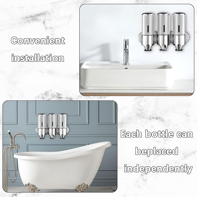 No-Drill 3 Pack 500ml Wall Mounted soap Dispenser for Bathroom and Kitchen, Shampoo and Conditioner Dispenser Drill Free with Adhesive(Round-Silve)