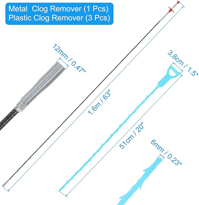 uxcell 3pcs 20 Inch Drain Hair Clog Remover Tool PP & 63 Inch Drain Cleaner Tool Sticks Stainless Steel Sewer Cleaning Hook Unclog Sink Unclogger for Toilet Bathtub Sewer, Blue