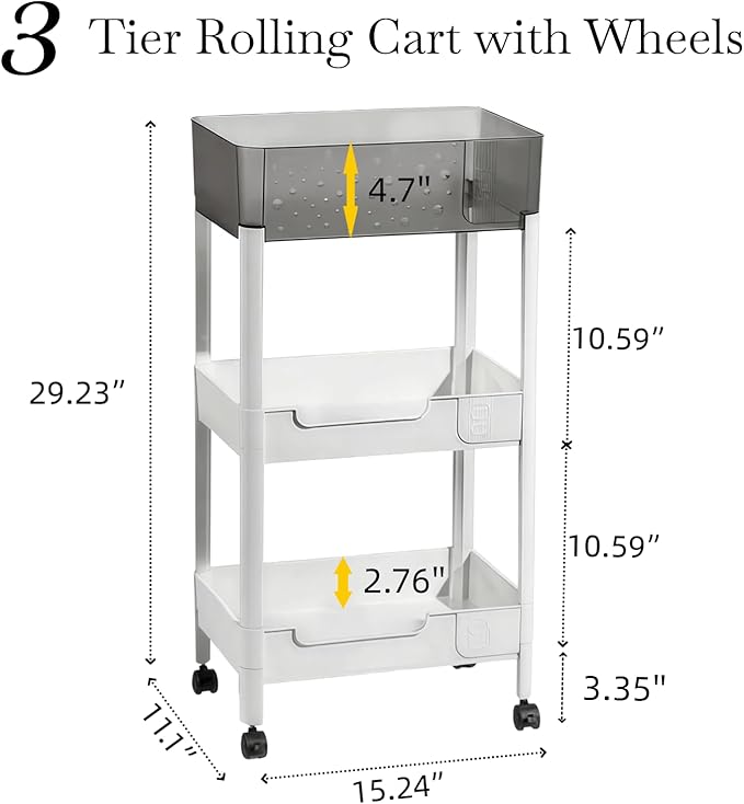 3 Tier Rolling Cart with Wheels 4.7'' Deep Baskets Bathroom Storage Shelf Heavy