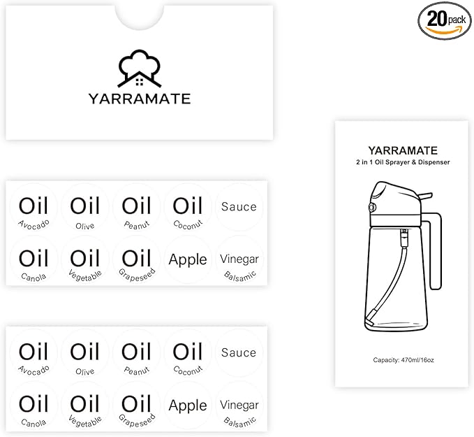 YARRAMATE 20 Labels for Oil Dispenser & Installation Guide, Stickers for Olive Oil, Sauce, and More