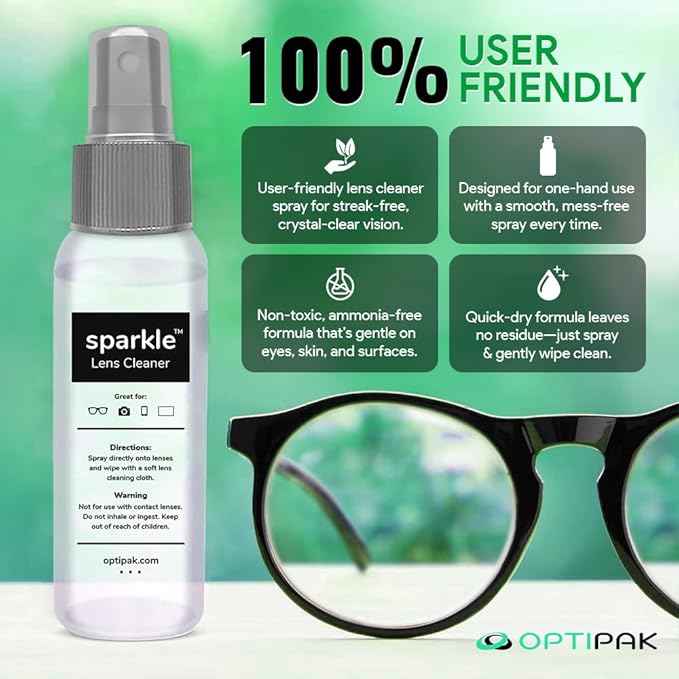 Sparkle Anti-Reflective Lens Cleaner Spray kit | (2) 2oz Glasses Cleaner Spray + (2) Microfiber Cloth for Eyeglasses, Sunglasses, Lenses