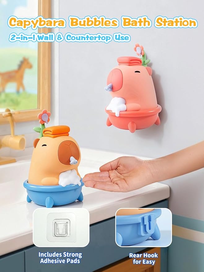 QANYI Capybara Silicone Touchless Soap Dispenser - Automatic Bubble Foam Machine for Kids, IPX7 Waterproof & Rechargeable, Fun Bath Toy to Encourage Child Hygiene from Hand Washing to Bath Time(Blue)